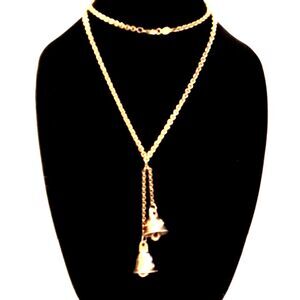 Vintage Napier Gold Tone Engraved Bells Lariat Necklace